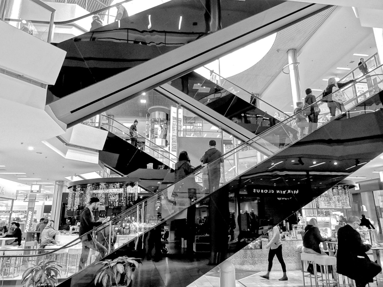 A black and white image of a department store 