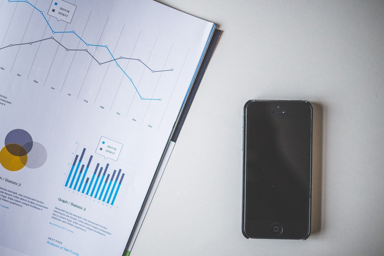 A folder opened up to a page of charts, graphs and statistics. A black iPhone is beside the folder A folder opened up to a page of charts, graphs and statistics. A black iPhone is beside the folder
