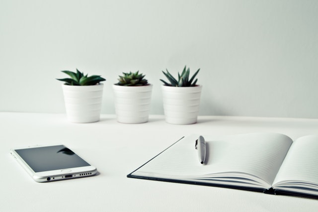 Three white ceramic pots with succulents in each one near an open notebook and a mobile phone Three white ceramic pots with succulents in each one near an open notebook and a mobile phone
