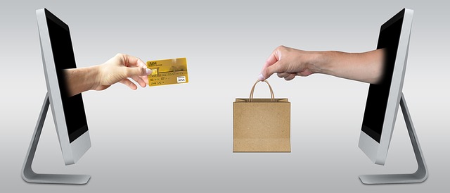 Two computer screens facing each other, one with a hand holding a credit card, the other with a hand holding a paper bag