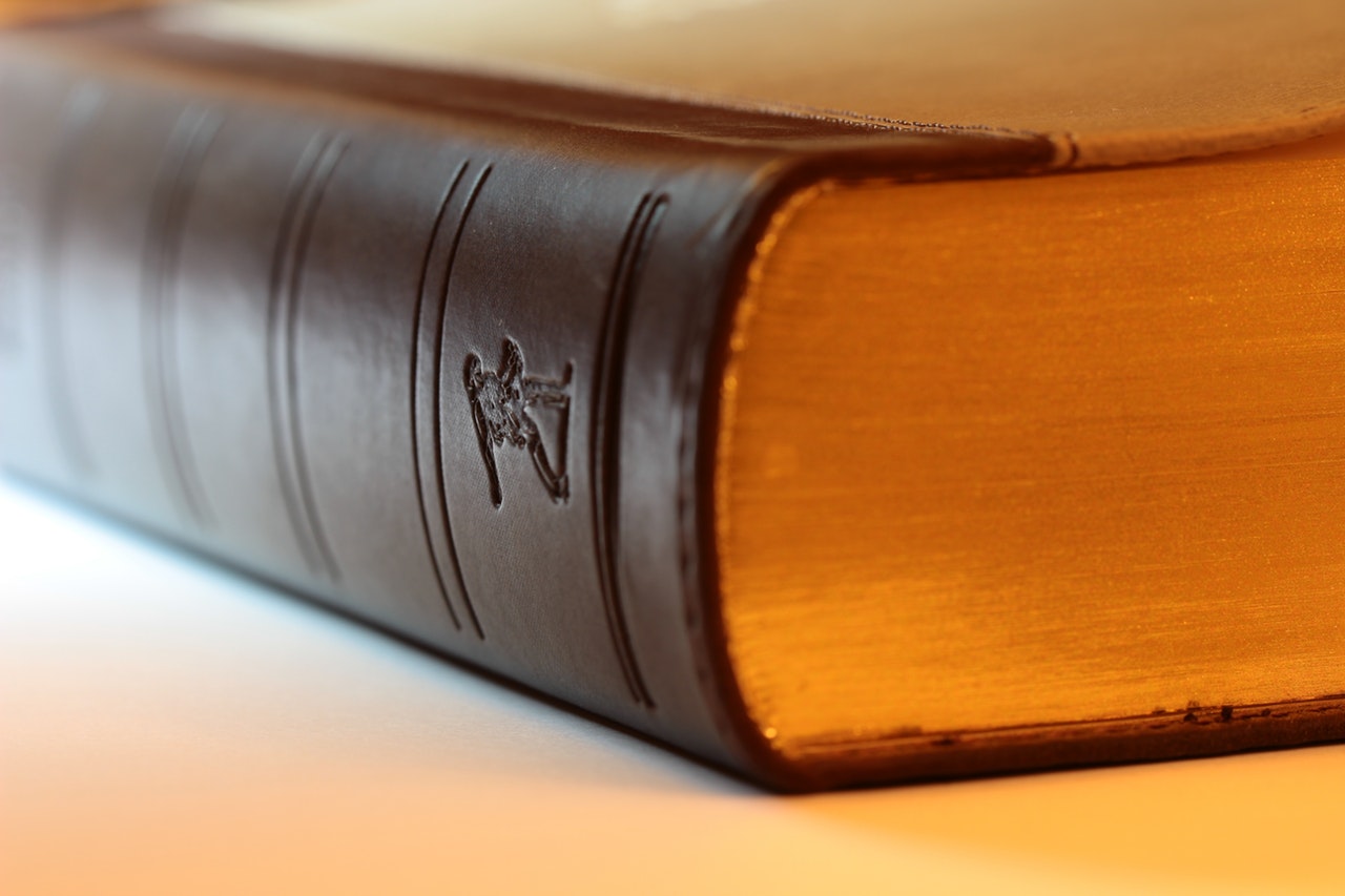 Close up a hardback textbook in brown leather binding 