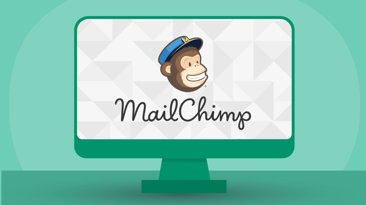 The MailChimp logo which is a monkey with a blue hat on and the words MailChimp written below placed inside a green box 